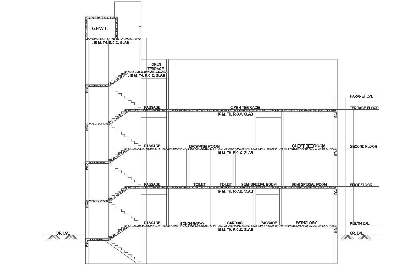2D CAD Drawing Staircase Section Of Hospital Building With Texting AutoCad File