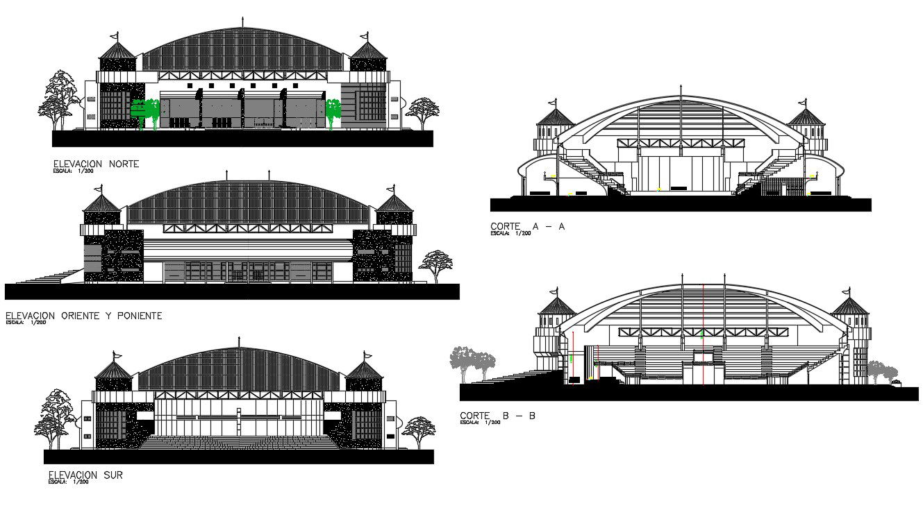 2D CAD Drawing Three Side Elevation And Section Of Stadium AutoCAD File