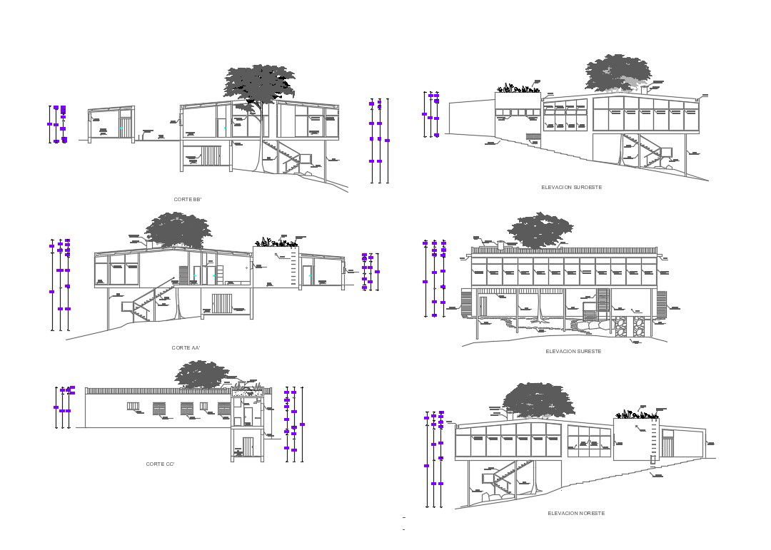 2D CAD Drawing of Bungalow Elevations And Sections Design AutoCAD File