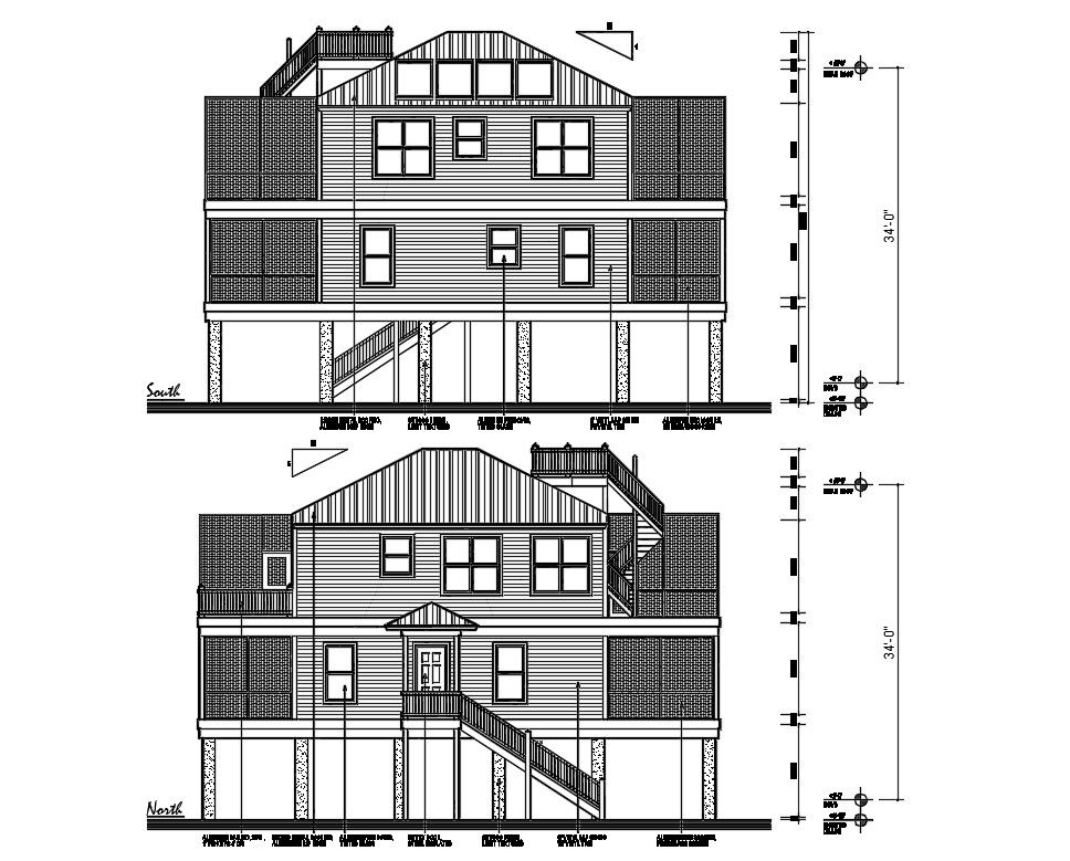 2D CAD Ethnic Style South And North Side House Elevation AutoCAD File