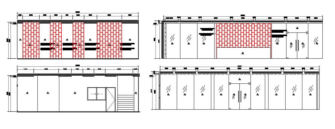 2D CAD File Front Sectional Elevation Of Small Shops AutoCAD Drawing