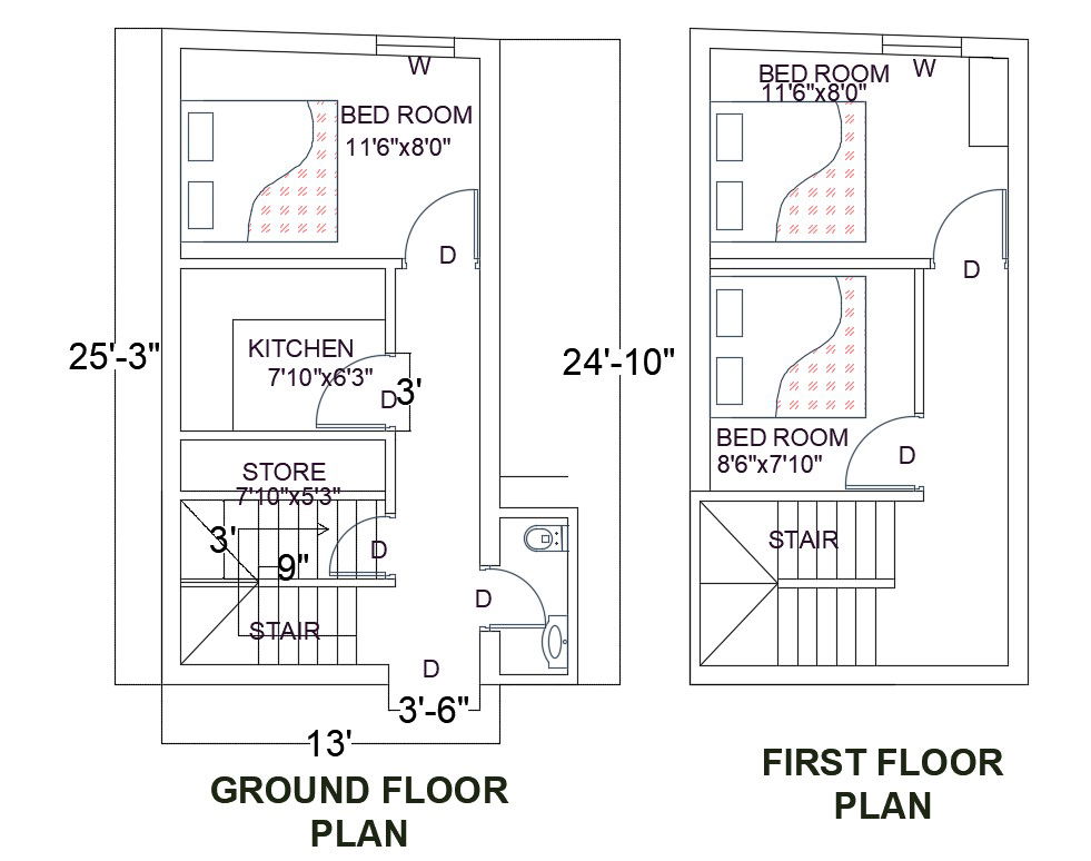 2D CAD File Small House Two Floors Plan With Furniture Layout AutoCAD Drawing