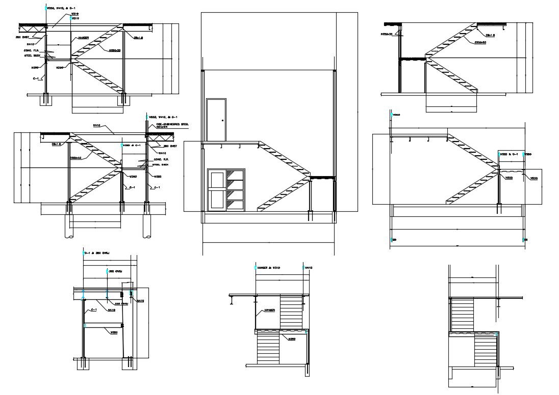 2D CAD File Structure Design Of Stairs Plan Section AutoCAD File