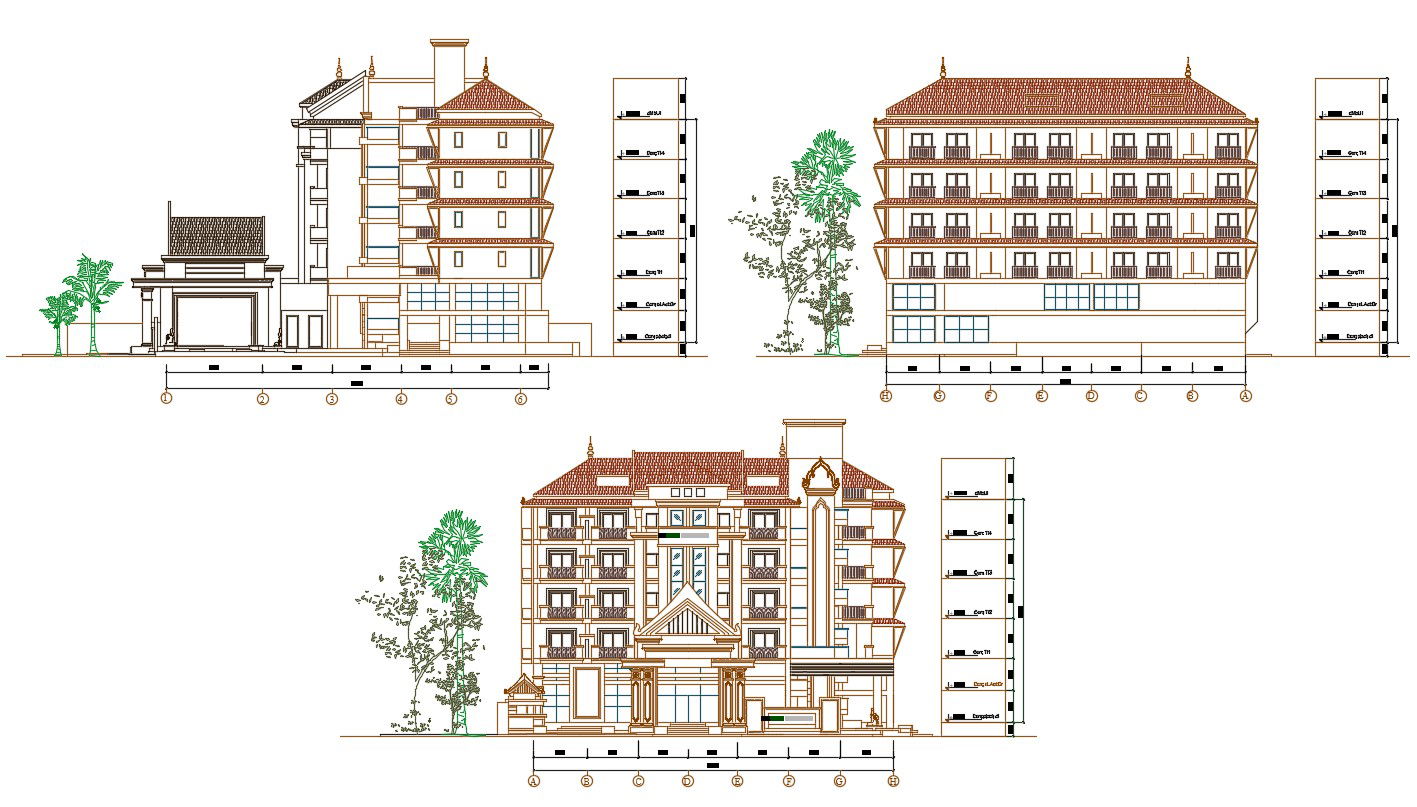 2D CAD Traditional Elevation Of Apartment With Working Drawing AutoCAD File