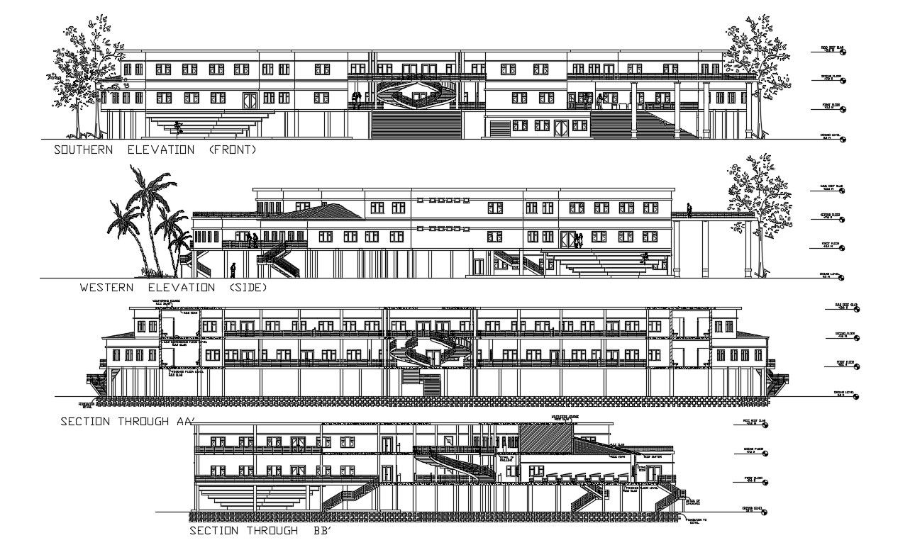 2D CAD Two Elevations And Sections Of Huge School Building AutoCAD File