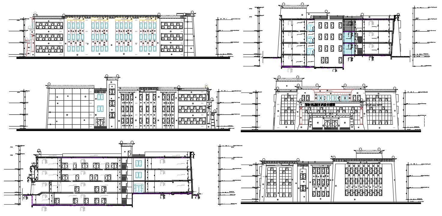 2D DWG Drawing Commercial Building Modern Elevation And Section AutoCAD File