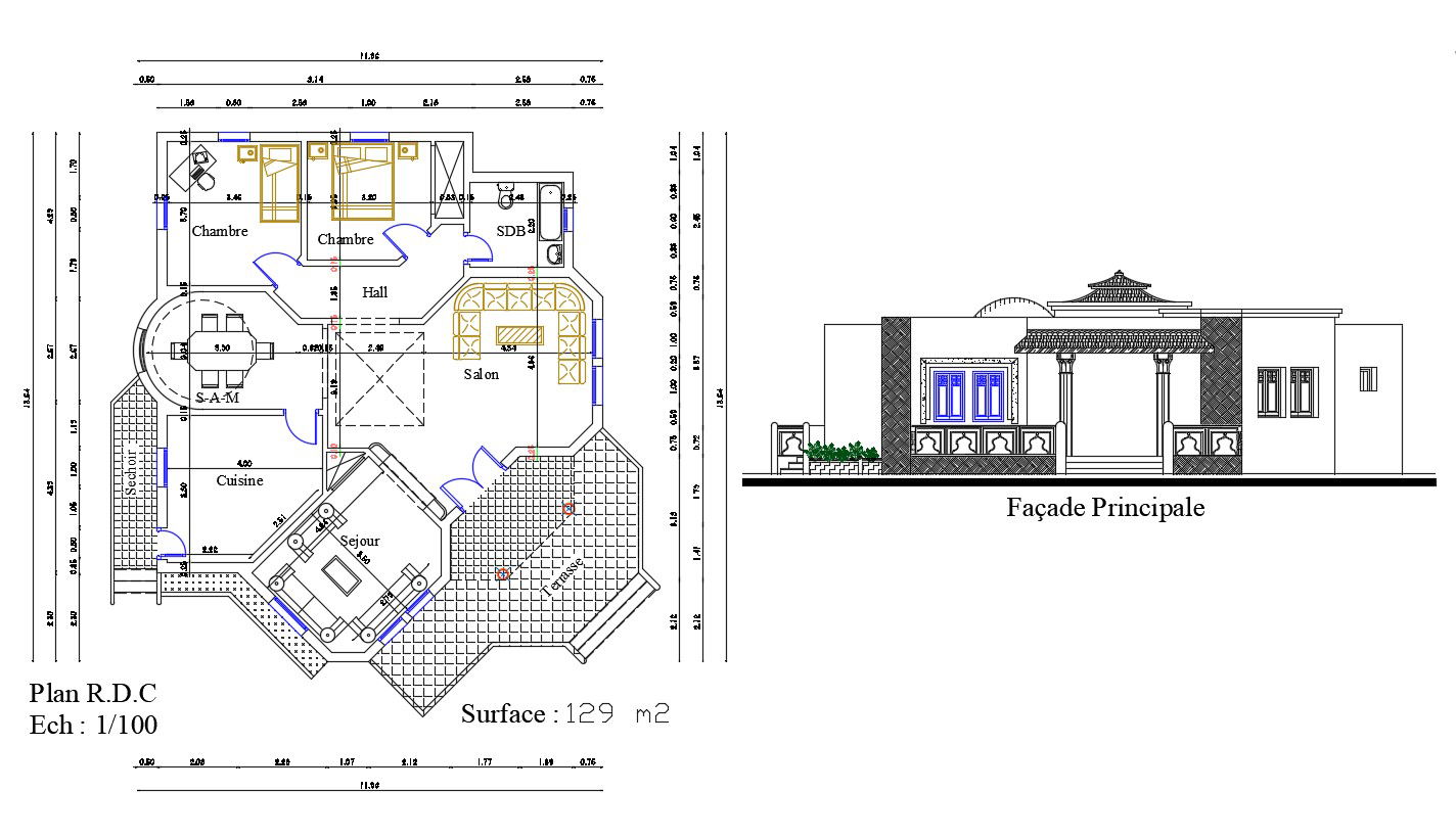 2D DWG Drawing Ground Floor Plan And Elevation Of Bungalow AutoCAD File