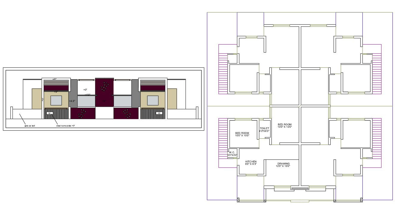 2D DWG Drawing Twin Bungalow Planning With Elevation Design AutoCAD File