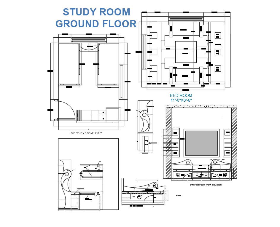 2D Drawing of Study Room Plan And Ceiling Design,Wall Elevation AutoCAD File