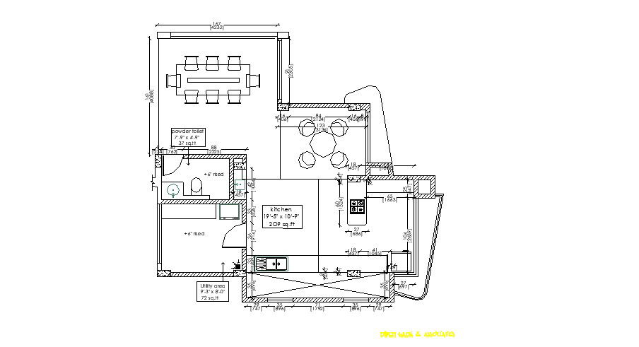 2D Drawing of furniture layout plan of kitchen 19'-5'' x 10'-6'' in AutoCAD