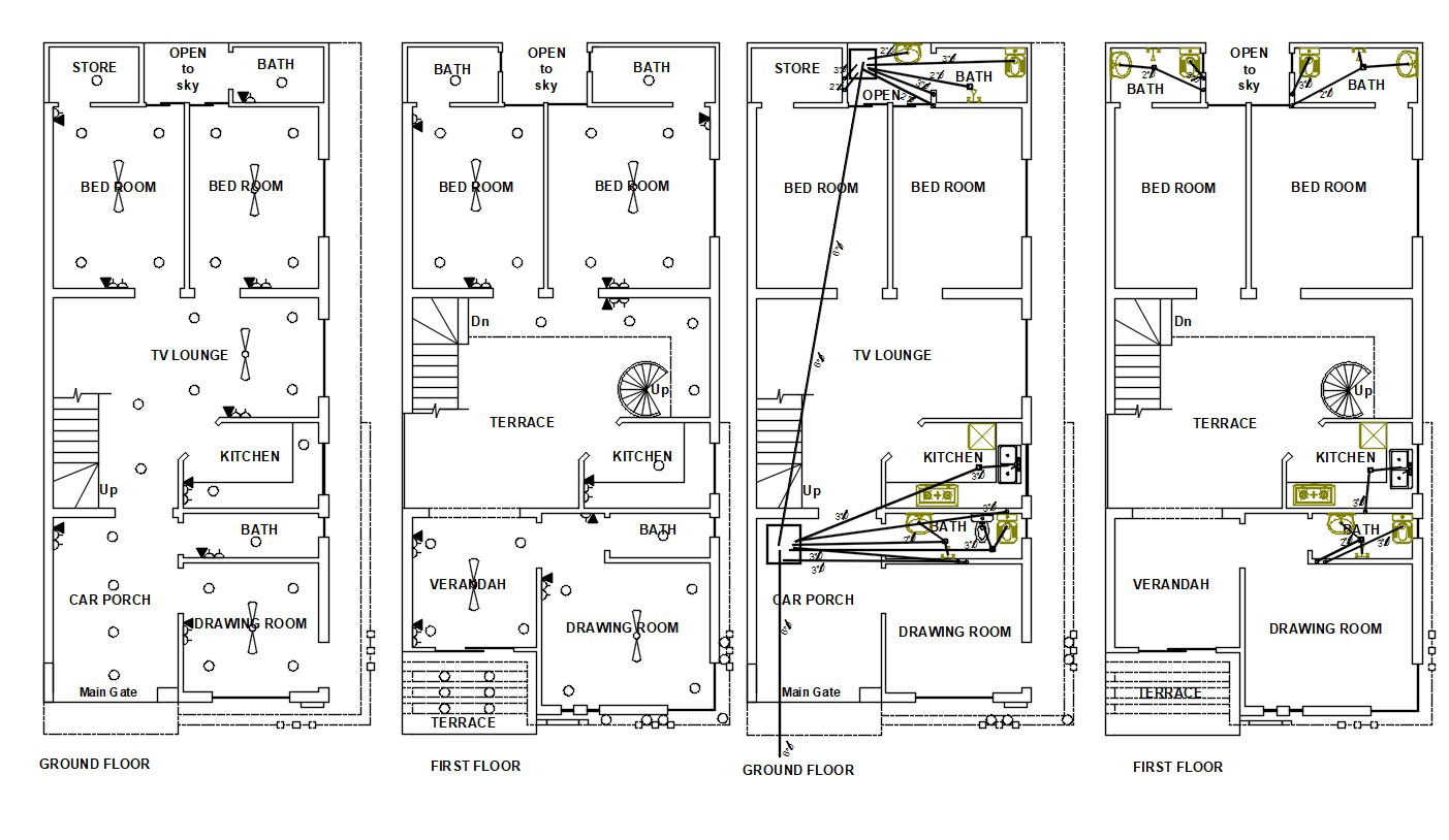 2D House Electrical And Plumbing Layout Plan AutoCAD Drawing Details