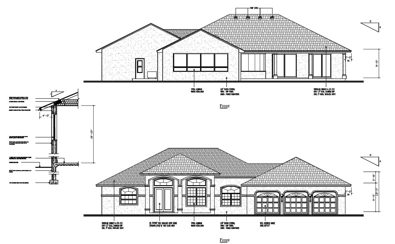2D House Elevation Design CAD Drawing
