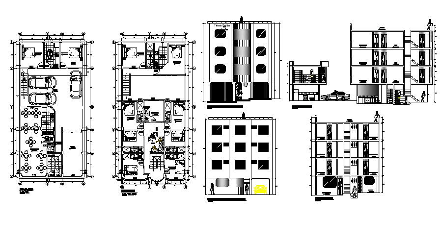 2D drawing of hotel building with foundation detail in dwg file