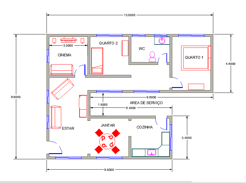 2D simple floor plan with dimensions