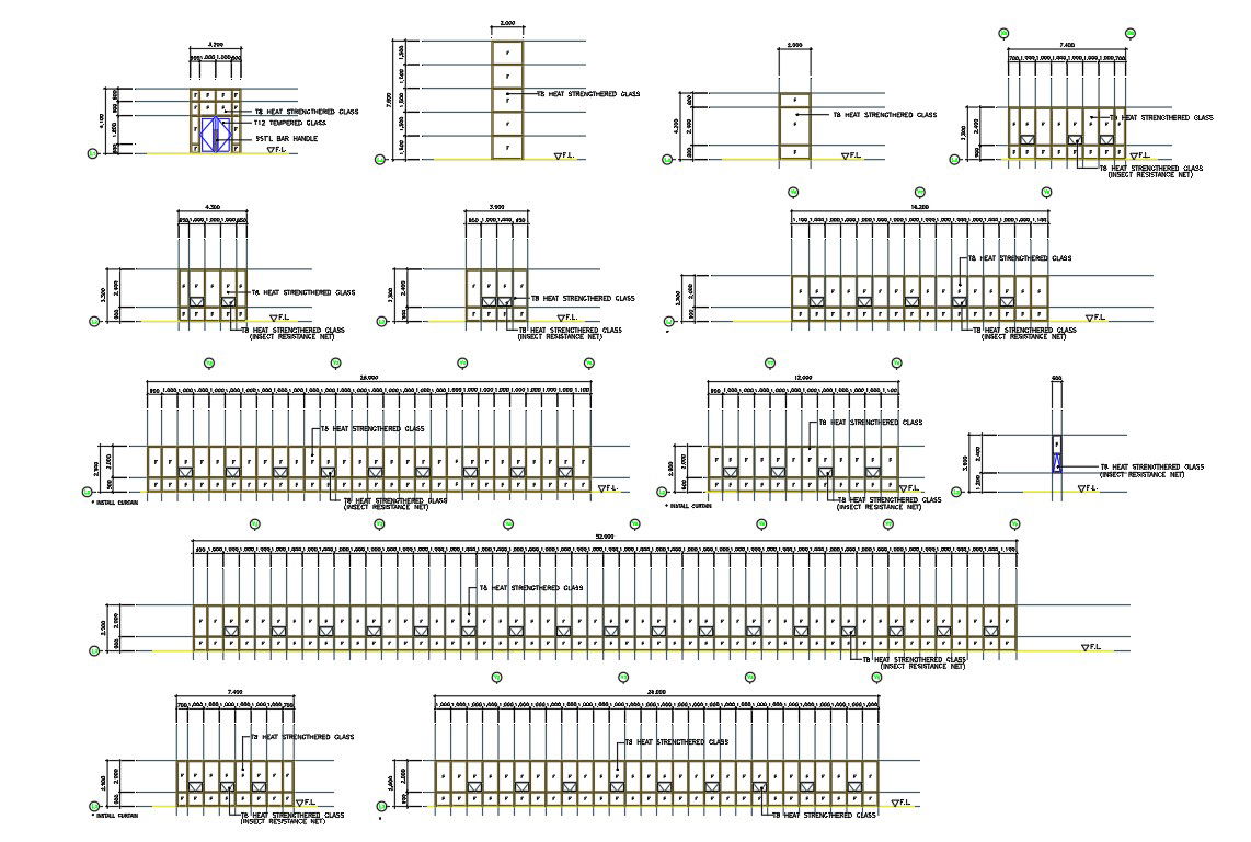 2D AutoCAD DWG file showing the Elevation details of the podium window.Download the AutoCAD drawing file.