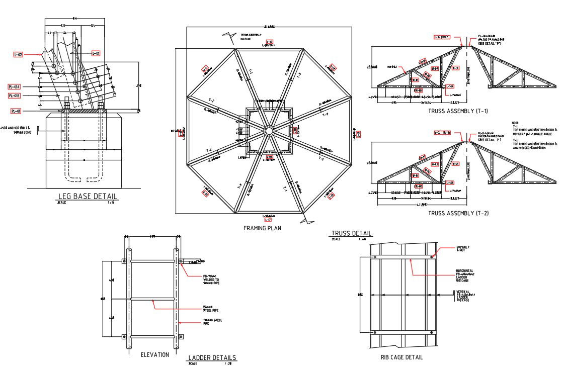 2D AutoCAD drawing file gives the Details of Plan and Steel Truss Assembly. Download the AutoCAD DWG file.