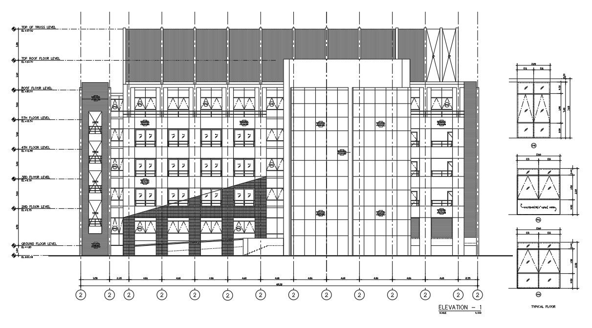 2D Autocad DWG Drawing file shows the elevation details of hospital building. Download the Autocad DWG drawing file.
