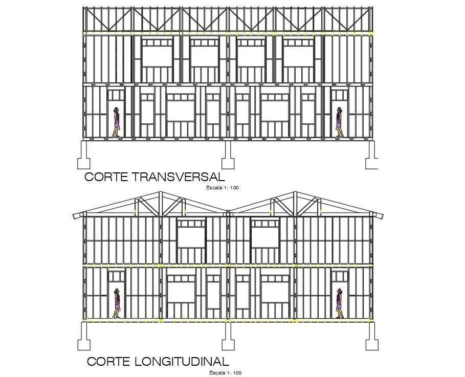 2D Autocad DWG drawing file has the cross section and longitudinal section of duplex house plan. Download the Autocad DWG drawing file.