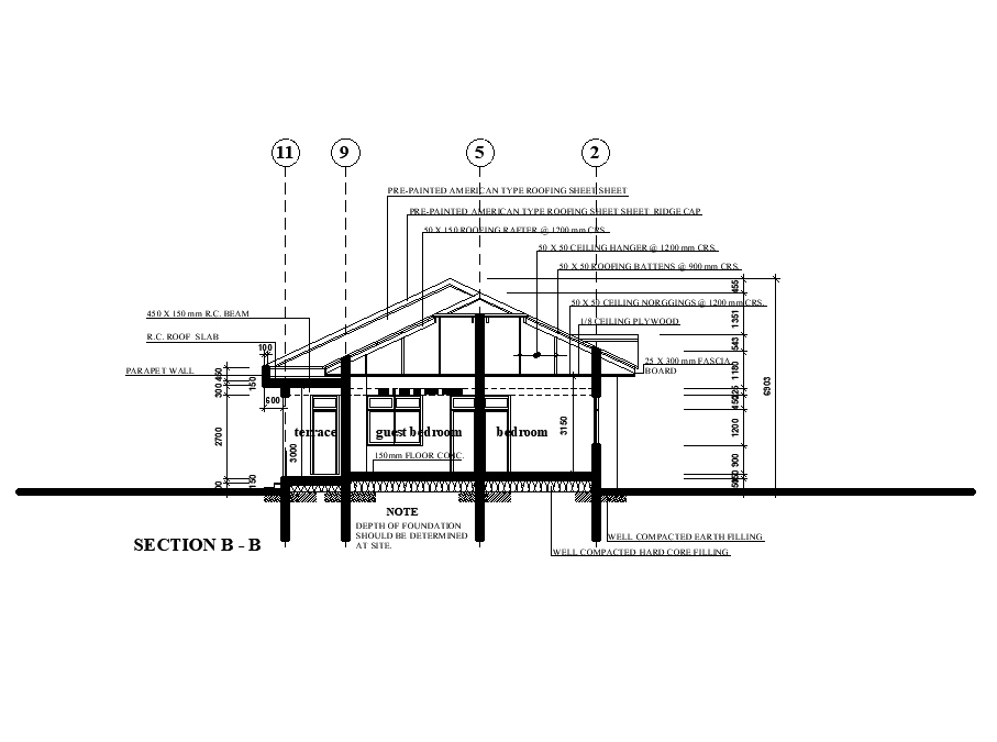 2D Autocad DWG drawing file has the details of section view of 11x20m house plan. Download now.