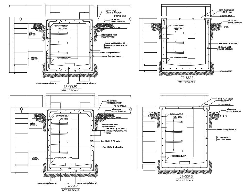 2D Autocad DWG drawing file has the foundation details of cable trench.  Download the DWG file.