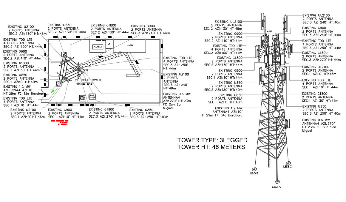 2D Autocad drawing file having plan and elevation details of Cellphone tower.Download the AutoCAD 2D DWG file