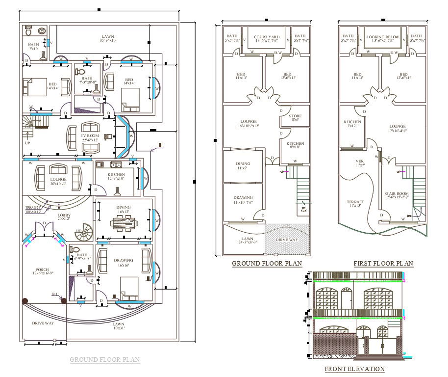 2D CAD DWG Drawing file of 25'X65' triple bedroom G+1 House plan.Download the AutoCAD Drawing file.