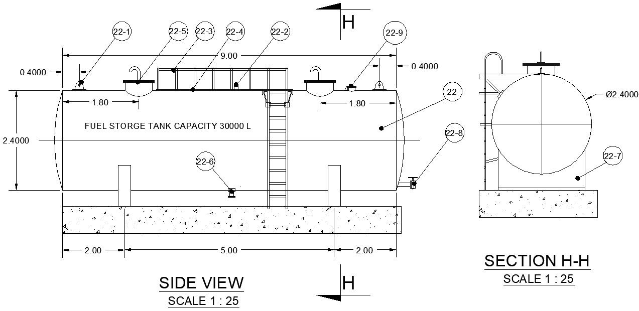 2D CAD Drawing file of the Fuel storage tank side and back section and elevation details.Download the AutoCAD DWG file.