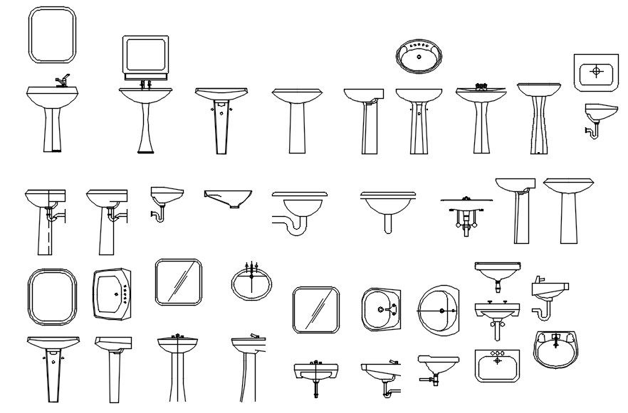 2D CAD blocks of Different designs of washbasin in AutoCAD drawing, dwg file, CAD file