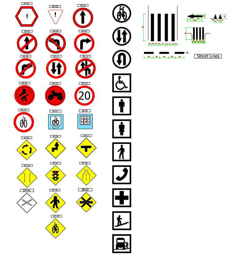 2D CAD blocks of road signs in AutoCAD drawing, dwg file, CAD file