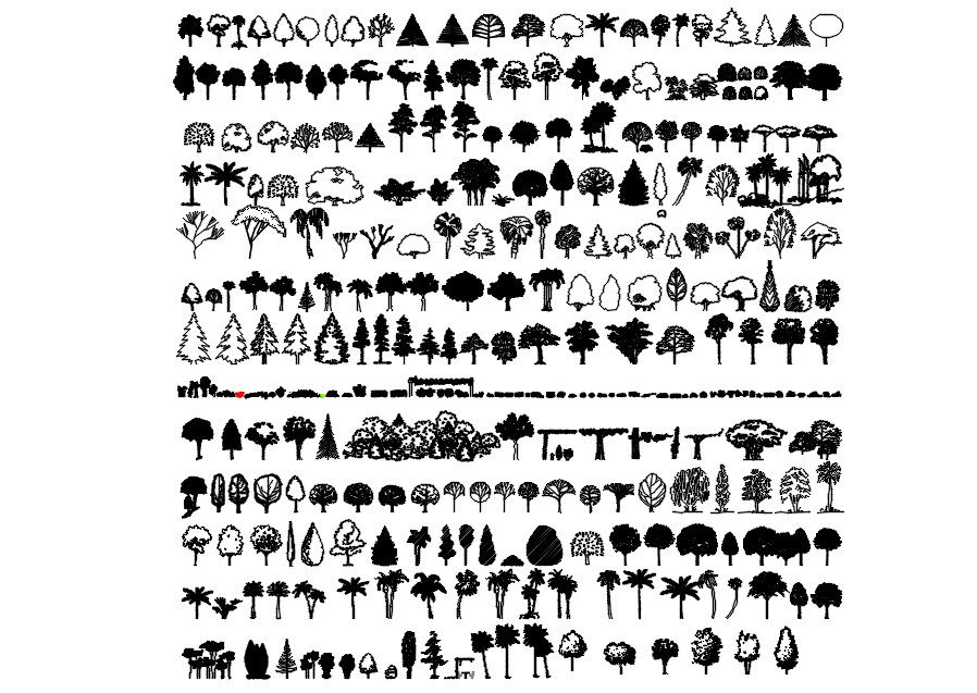 2D CAD blocks of trees in AutoCAD drawing, CAD file, dwg file