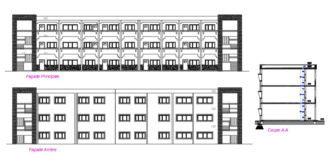 2D CAd Drawing having the elevation of G+2 Building details is given.Free Download the AutoCAD 2D DWG file