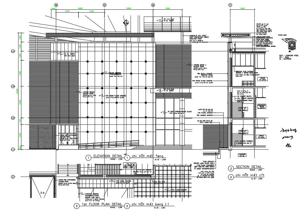 2D DWG AutoCAD file showing the Section and elevation details of the industrial building. Download the AutoCAD DWG file.