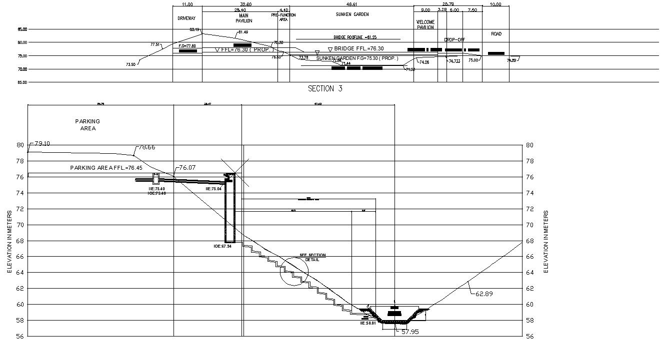 2D DWG file of the Architectural restaurant building staircase section and parking details. Download the AutoCAD DWG file.
