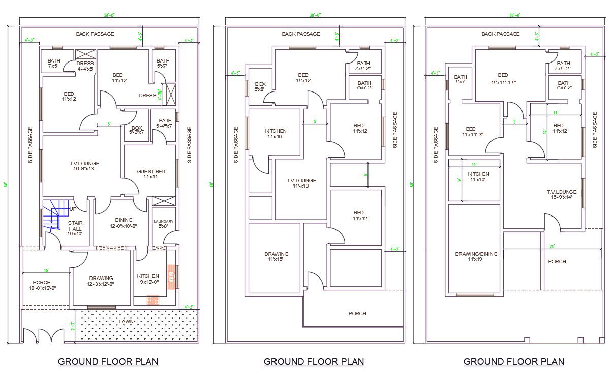 2D Drawing file shows3 types of 38'X68' 3BHK House plan AutoCAD DWG files. Download the AutoCAD Drawing file.