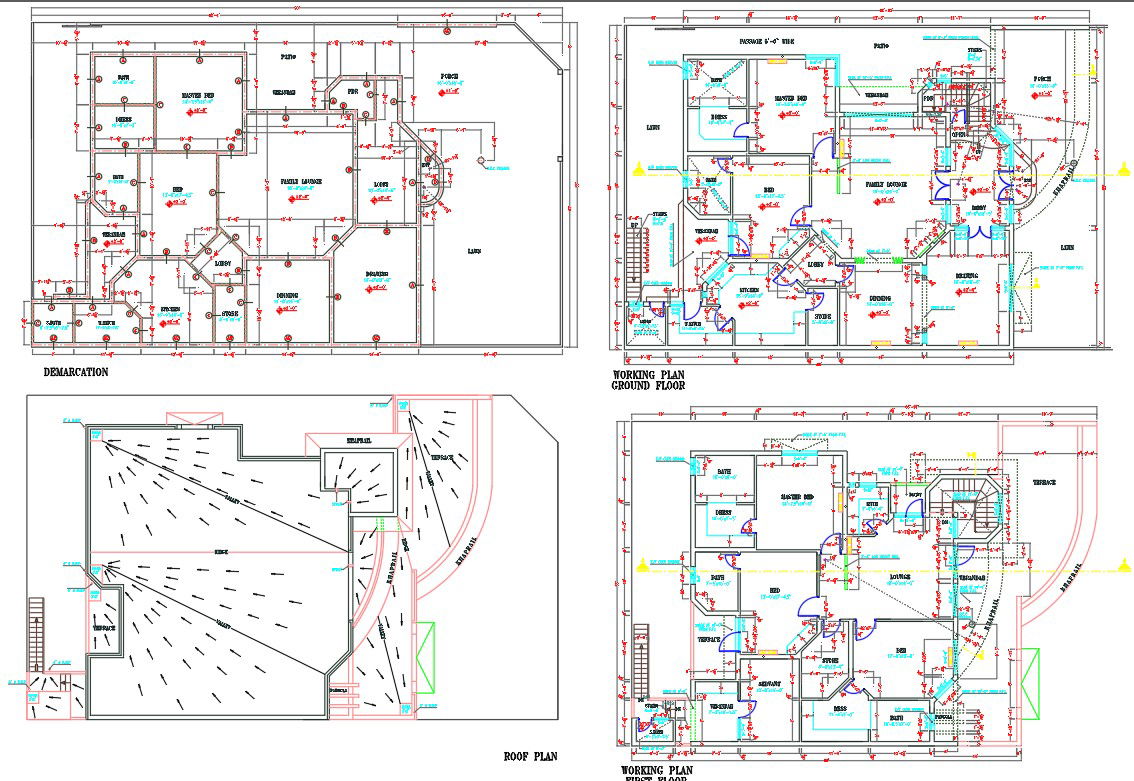 2D Drawing file shows 90'X55' G+1 House plan triple bedroom DWG file. Download the AutoCAD Drawing file.