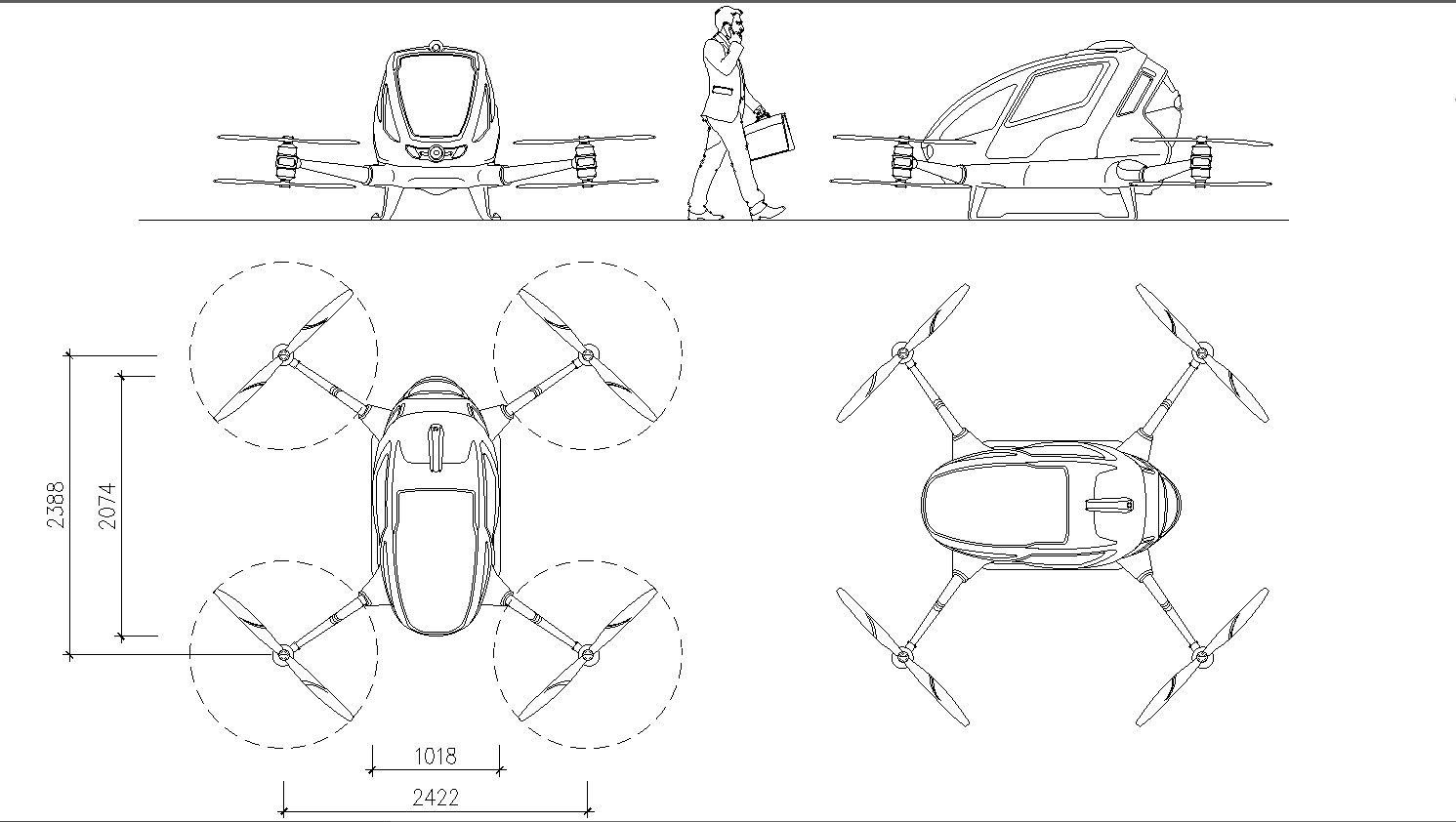 2D Elevation of Four-Sided Blade Helicopter CAD Drawing Detail In DWG File