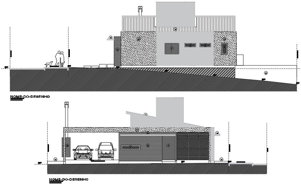 2D House Building Rear And Side Elevation Design Download DWG File