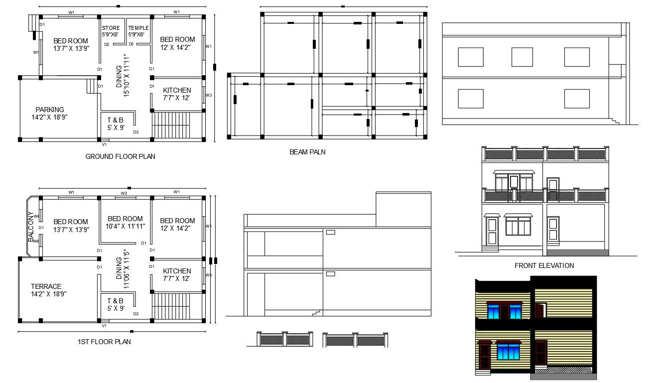 2D House Floor Plan With Elevation Design DWG File