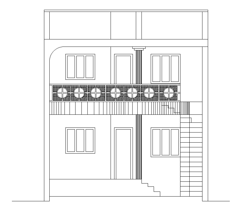 2D House front Elevation Design AutoCAD Drawing 