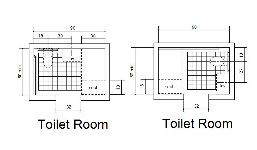 2D Layout plan of the toilet room in AutoCAD drawing, CAD file, dwg file