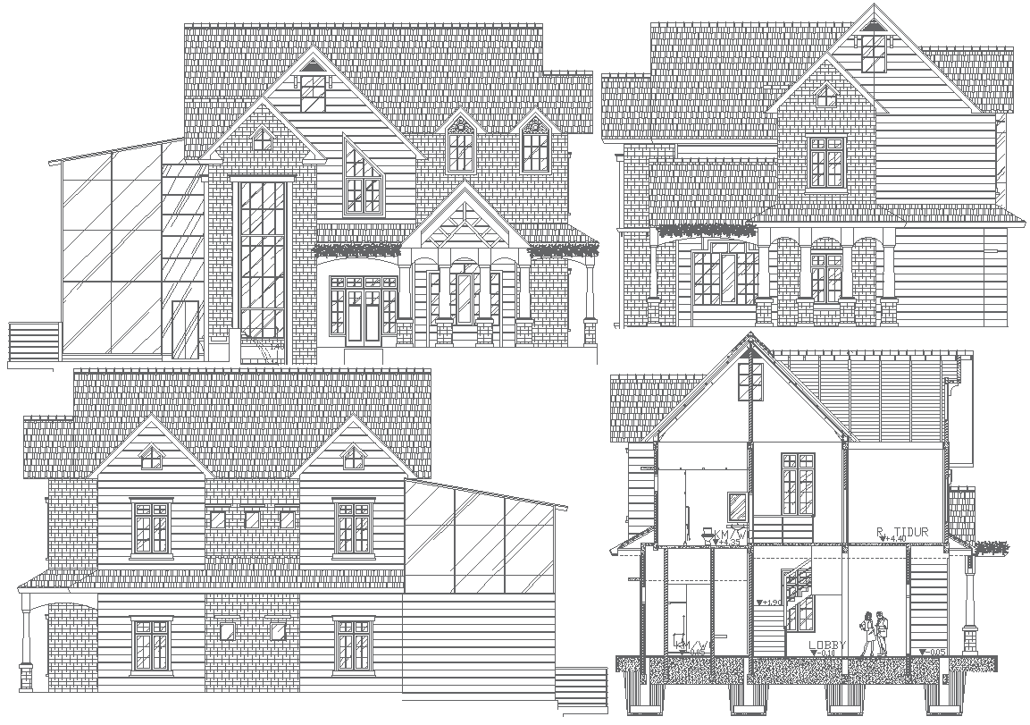 2D Modern House Elevation in AutoCAD DWG File Format