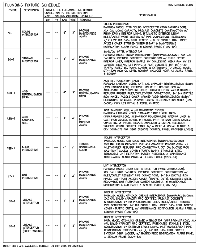 2D PLUMBING FIXTURE SCHEDULE