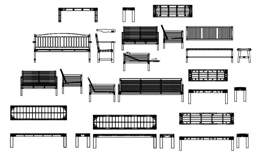 2D block of garden benches in AutoCAD drawing, CAD file, dwg file