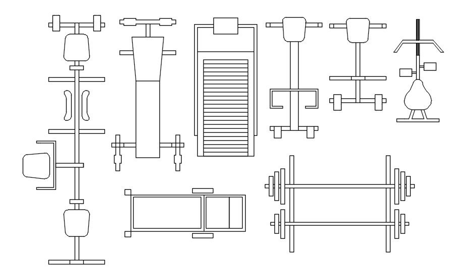 2D blocks of GYM equipments in AutoCAD drawing, dwg file, CAD file