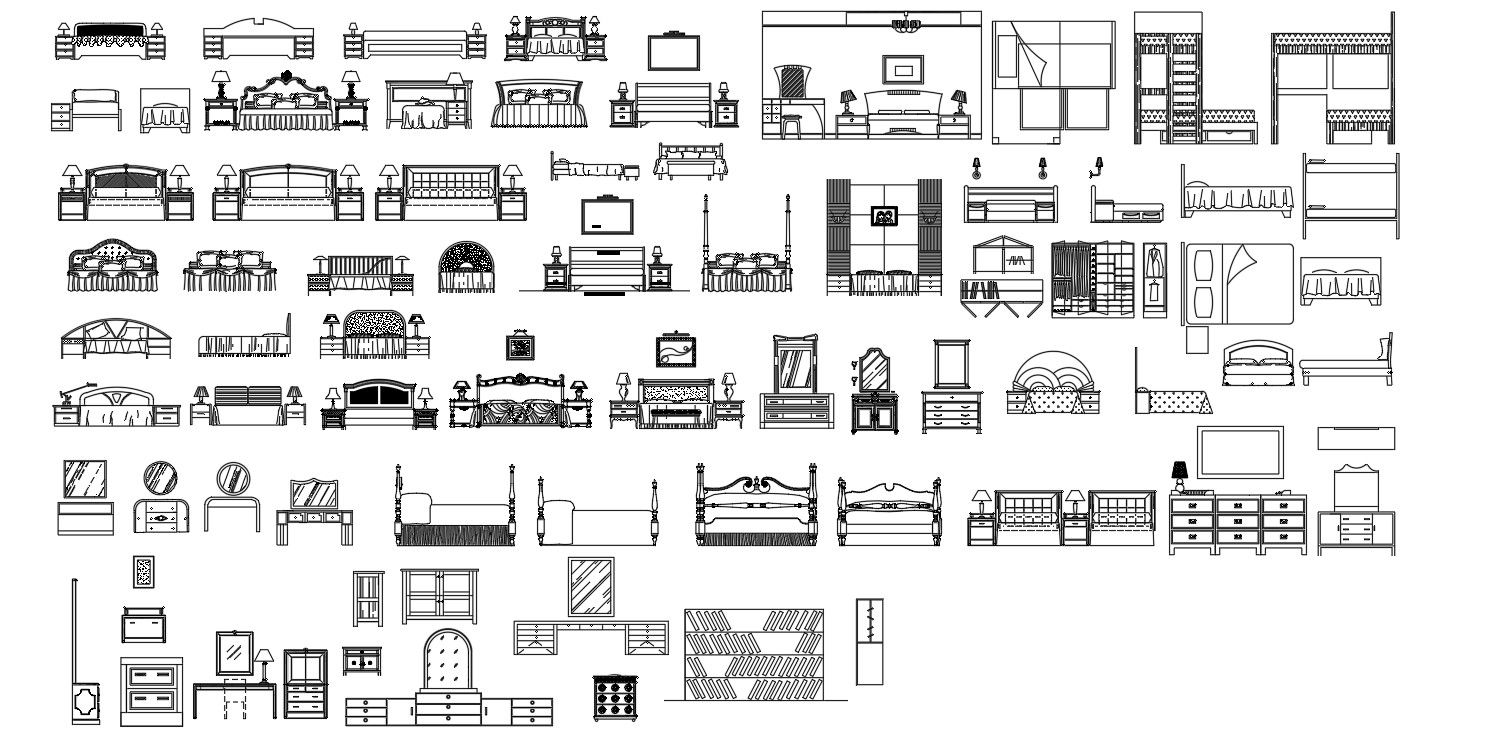 2D blocks of bedroom furniture, AutoCAD drawing, dwg file, CAD file
