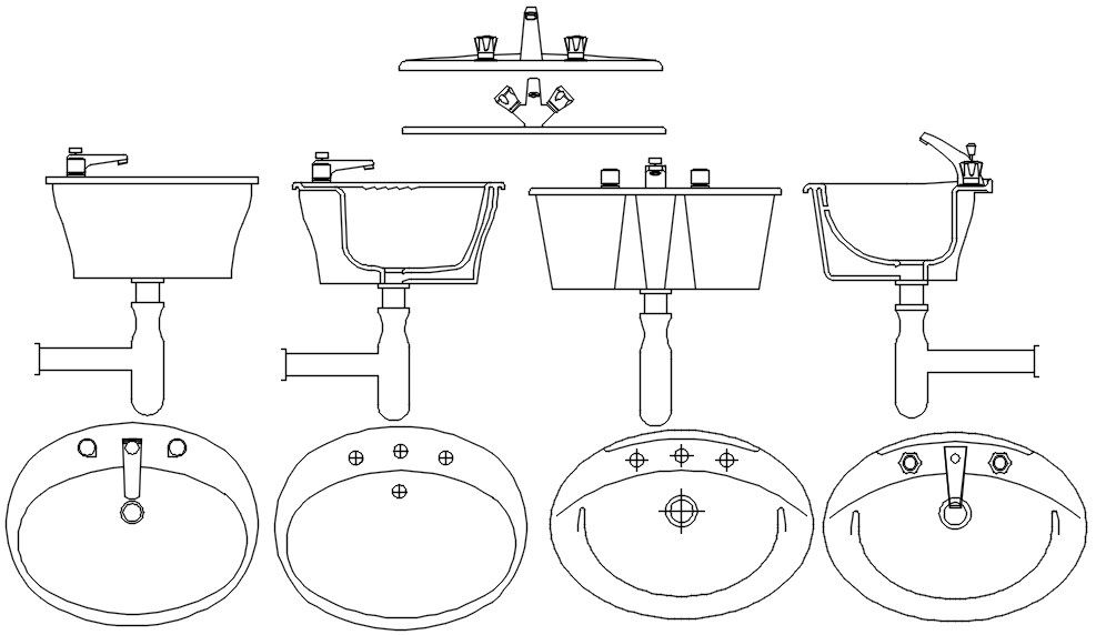 2D blocks of different designs of washbasin in AutoCAD drawing, CAD file, dwg file