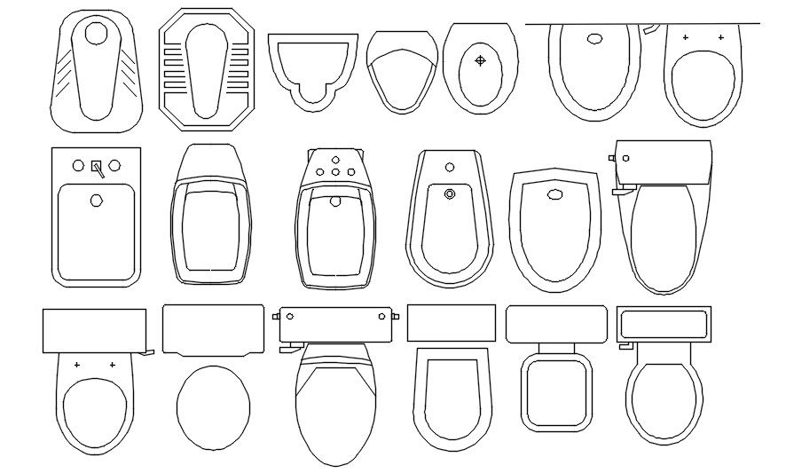 2D blocks of different types of WC in AutoCAD drawing, dwg file, CAD file
