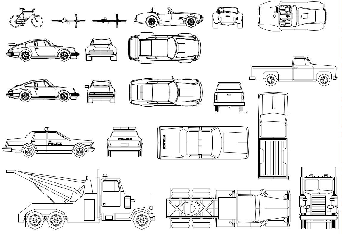 2D blocks of different vehicles in AutoCAD drawing, CAD file, dwg file