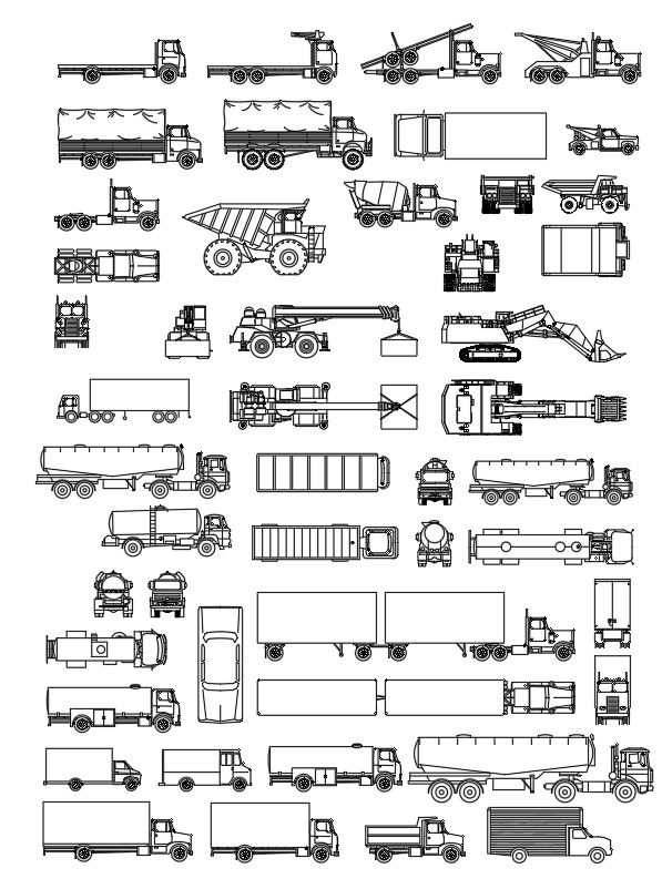 2D blocks of heavy loaded vehicles in AutoCAD drawing, dwg file, CAD file