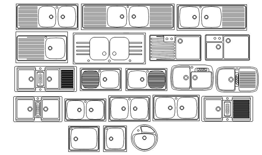 2D blocks of kitchen sink in AutoCAD drawing, dwg file, CAD file
